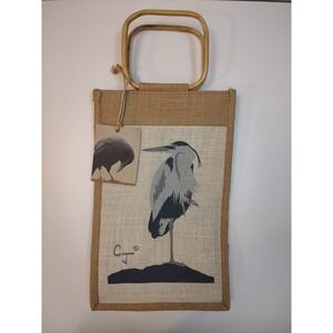 CJ Art Still-Life Jute Burlap 2 Sided Blue Heron Wooden Handle Bag Wine Tote